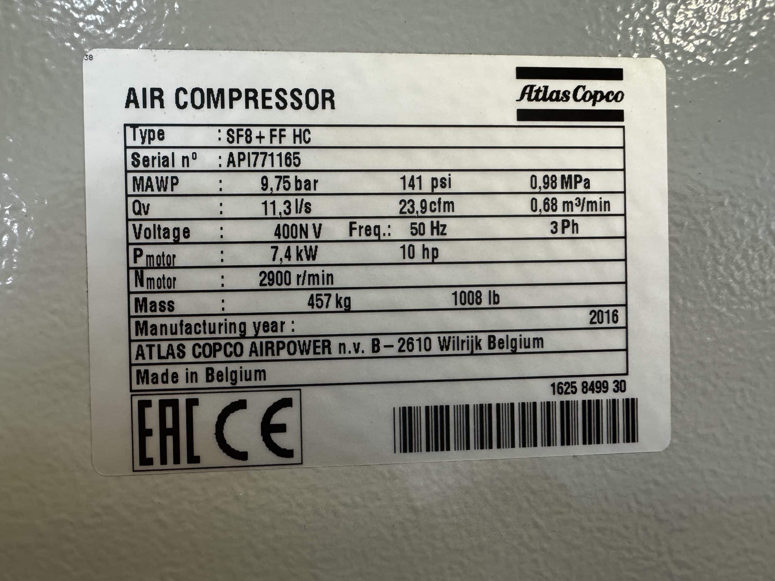 Oil-Free Air Compressor Atlas Copco SF8+FF - Image 6